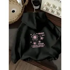 Moletom Unisex com Capuz - Estampa de Estrela Cartoon e Texto Rosa, Cordão Ajustável, Confortável para Outono/Inverno, L
