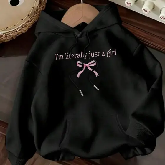 Moletom feminino com capuz e estampa de letras - Moletom casual com cordão e bolso frontal, mangas compridas e punhos