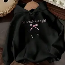 Moletom feminino com capuz e estampa de letras - Moletom casual com cordão e bolso frontal, mangas compridas e punhos