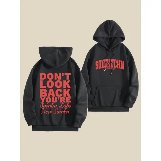 Moletom com capuz estampado gráfico ``Don´t Look Back You're´´ e cordão, blusa de moletom casual Unisex no inverno e out