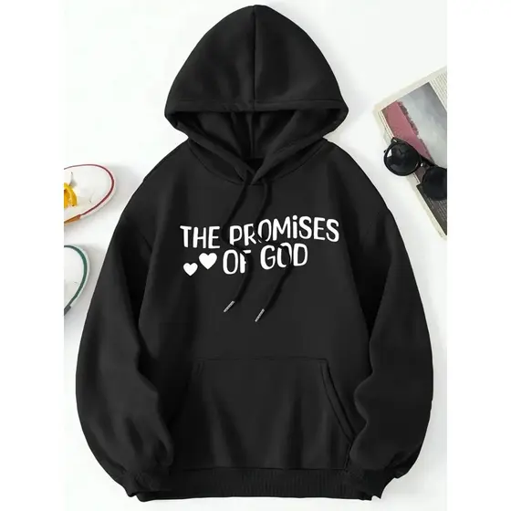 Moletom com capuz estampado gráfico ``The Promises Of God´´ e cordão, blusa de moletom casual Unisex no inverno e outono