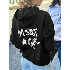 Moletom Feminino Fashion, Estampa "I'm Just a Girl", Blusa Casual, Poliéster, Outono/Inverno, Com Capuz, Preto/Branco