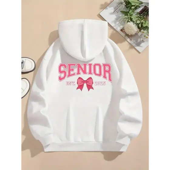 Moletom Casual Unisex com Estampa Gráfica - Rosa Suave com Design Senior 2025 & Laço, Capuz Ajustável com Cordão, Bolso