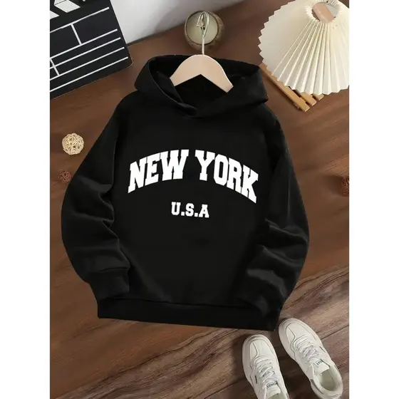 Moletom com Capuz Unisex Casual com Estampa ``New York´´ - Suéter Aconchegante com Cordão e Bolso Frontal, Mangas Compri