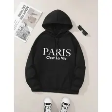 Moletom com capuz estampado gráfico ``Paris C´est La Vie´´ e cordão, blusa de moletom casual Unisex no inverno e outono