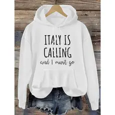 Moletom com capuz estampado gráfico ``Italy Is Calling´´ e cordão, blusa de moletom casual Unisex no inverno e outono