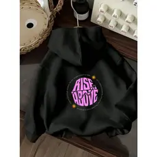 Moletom Unisex Preto com Estampa Gráfica "RISE ABOVE" - Design Motivacional, Poliéster, Capuz Ajustável e Corte Relaxado