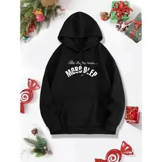 Moletom Oversized Uniex com Capuz - Preto com Estampa "Merry Deep" Branca, Poliéster, Corte Relaxado, Bolsos Frontais, L