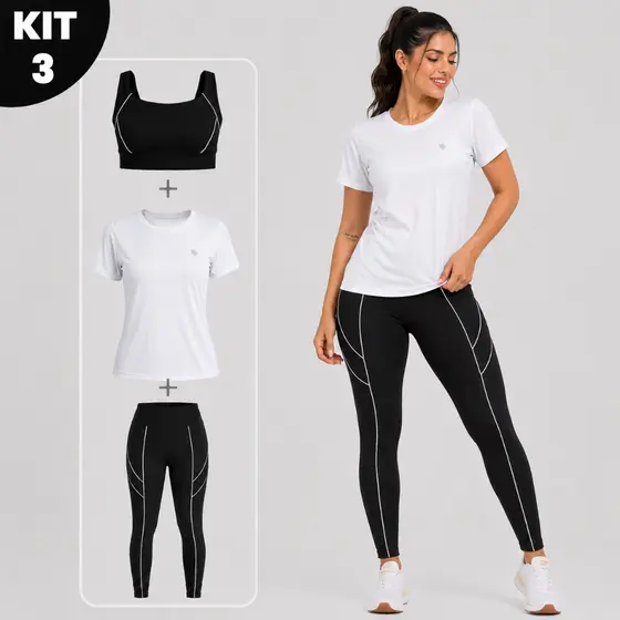 Conjunto Fitness Feminino 3 Pe莽as Legging Cintura Alta + Top + Camisa Dry Fit Academia Zero Transpar锚ncia