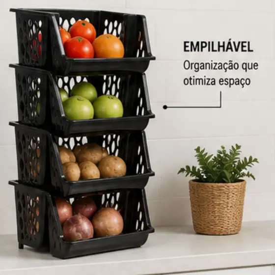 Organizadora Cesto Fruteira Empílhavel Preto Vazado Cozinha Banheiro Lavanderia Armazenamento Giotto