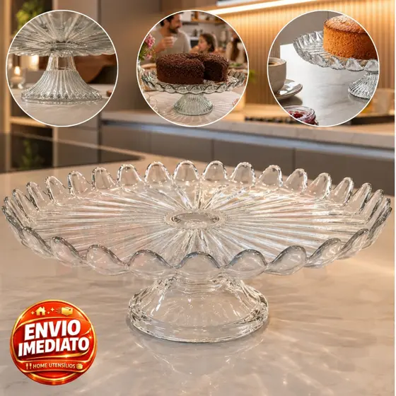 Prato Para Bolo Boleira de vidro com pé Centro de Mesa Multiuso 32CM