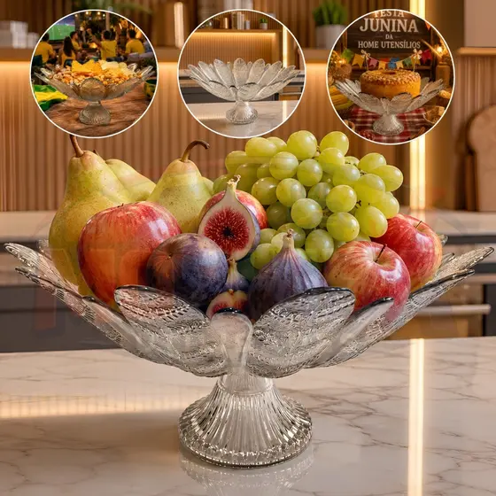 Fruteira De Vidro Saladeira Centro de Mesa Vidro Com Pé 37cm Multiuso