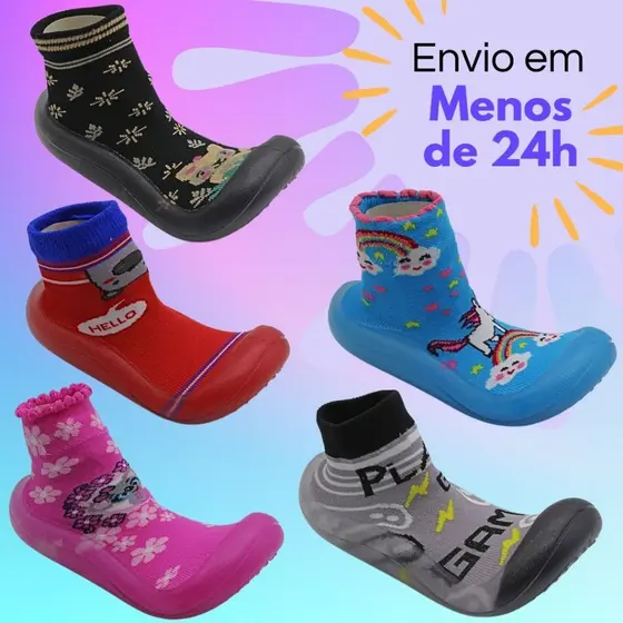 Meia Bebê com Sola Emborrachada Cano Alto Confortável Antiderrapante Cheirinho de Bebê