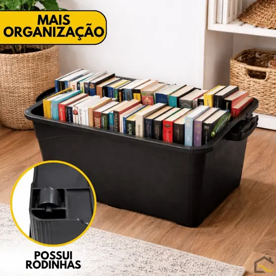 Caixa Organizadora 95 Litros Reforçada Com Trava Tampa e Rodinhas Empilhável Preta