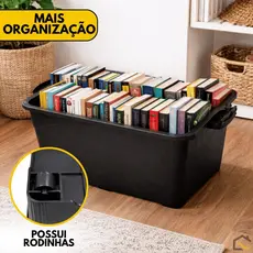 Caixa Organizadora 95 Litros Reforçada Com Trava Tampa e Rodinhas Empilhável Preta