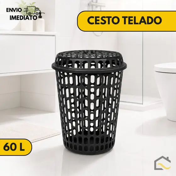 Cesto Telado Organizador 60 Litros com Tampa – Multiuso para Roupas, Banheiro e Lavanderia