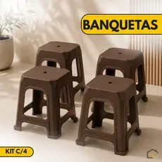Kit 4 Banquetas Plásticas Resistentes 120kg -  Preto Branco Café