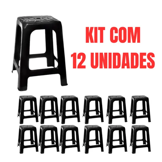 Kit 4, 8, 10 ou 12 Banquetas Plásticas Pretas Resistentes – Suporta até 120kg