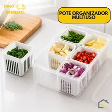 Pote Organizador de Geladeira com Divisórias e Tampa Escorredor de Legumes