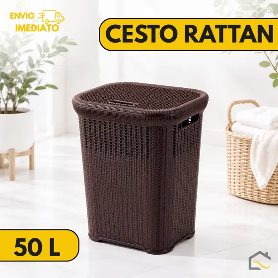 Cesto Organizador Rattan 50L Com Tampa – Resistente e Ventilado