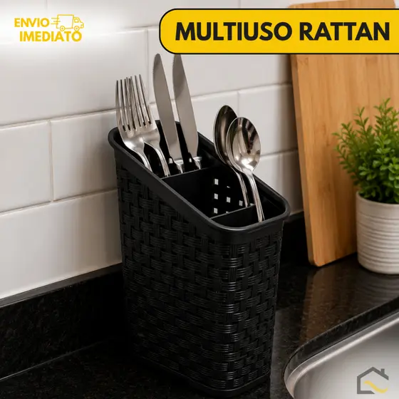 Organizador Multiuso Rattan Preto – 3 Divisões Decorativo para Escritório e Armazenamento