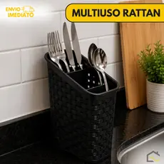 Organizador Multiuso Rattan Preto – 3 Divisões Decorativo para Escritório e Armazenamento