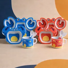 Kit Refeição Infantil 5 Peças Fibra de Bambu – Prato Caranguejo com Talheres e Copo para Bebê Menino Menina