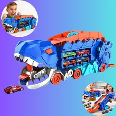Caminhão Dinossauro T-Rex Transporte Cegonha + Pista Carrinho Maleta Brinquedo Infantil + 4 Carrinhos