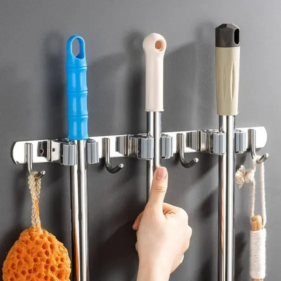 Suporte Inox De Parede 7 Ganchos Porta Vassoura Mop Rodo Utensílios de Limpeza