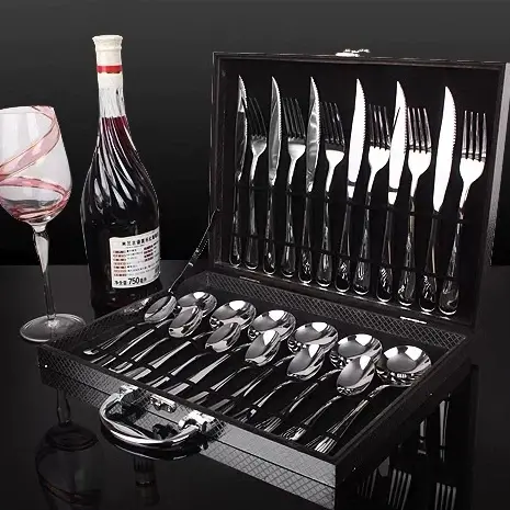 Jogo Talheres 24 Peças Faqueiro Inox Luxo C/ Maleta Madeira Premium