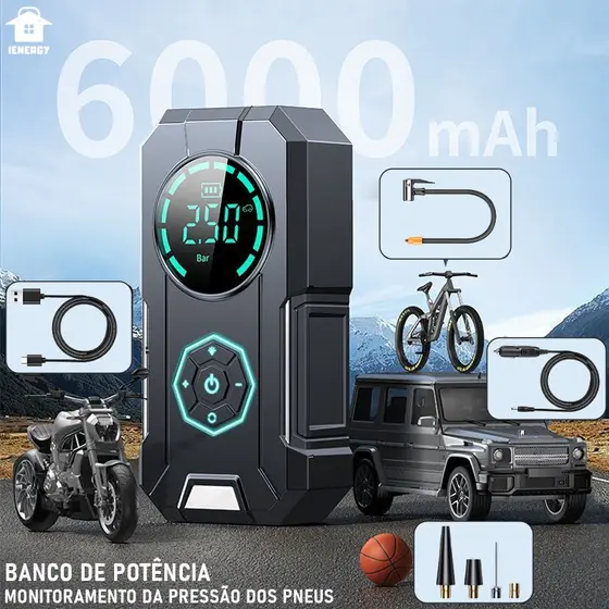 Mini Compressor de Ar Digital Portátil - USB Recarregável - Calibrador de Pneu Profissional