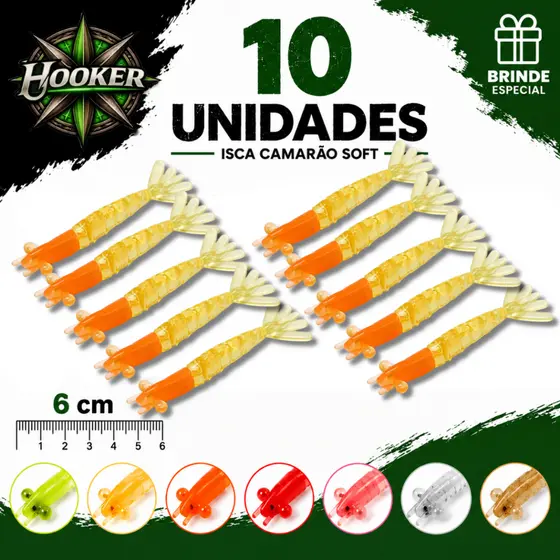 Kit 10 Iscas Camarão Soft 6cm Hooker Bait Pesca Artificial Escolha a Cor