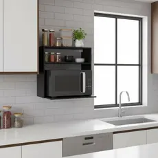 Suporte Duplo Parede Microondas 60cm Preto MDP Aéreo Cozinha Nicho Prateleira Organizador Fixo