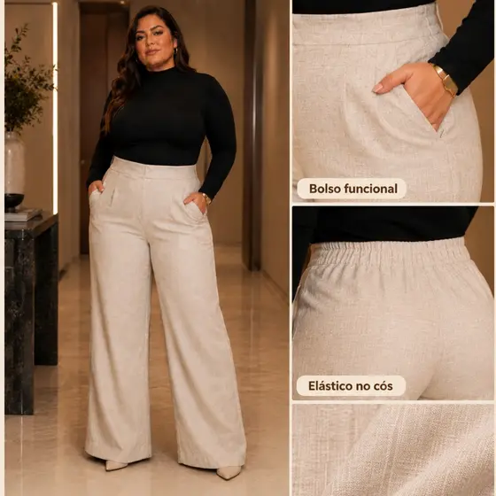 Calça Plus Size Feminina Wide Leg Alfaiataria Cintura Alta Bolso Social GG ao G2
