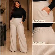 Calça Plus Size Feminina Wide Leg Alfaiataria Cintura Alta Bolso Social GG ao G2