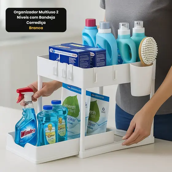 Organizador Multiuso 2 Níveis com Bandeja Corrediça - Branca
