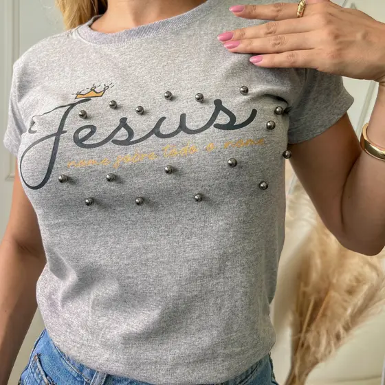 Blusa T-shirt Jesus Pérolas Cinza Camiseta Feminina Estampada Moda Feminina