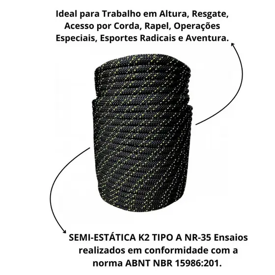 Corda 11,5mm K2 Semi Estática 100m Trabalho Em Altura Nr°35
