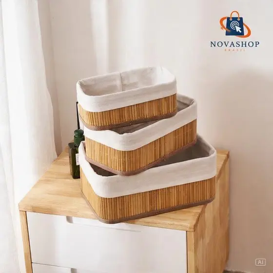 Conjunto De Cestos De Bambu Kit 3 Unidades Lavanderia Multiuso Organizador De Roupas
