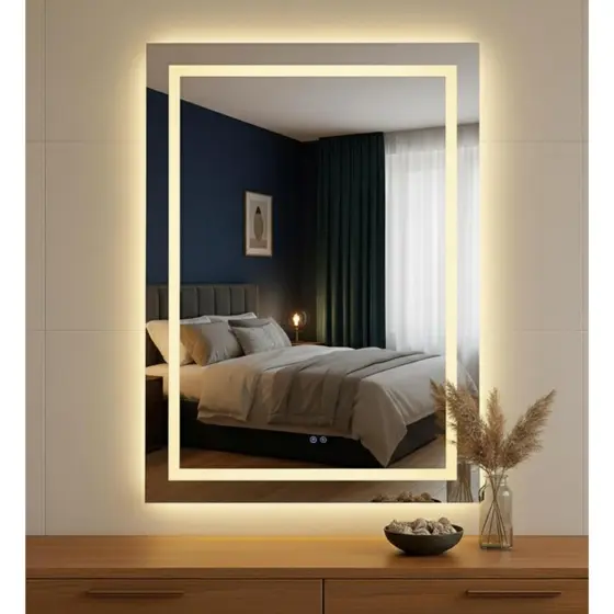 Espelho De Vidro 60x60cm Com Led Jateado Fixação Em Parede Para Quarto/Sala/Banheiro