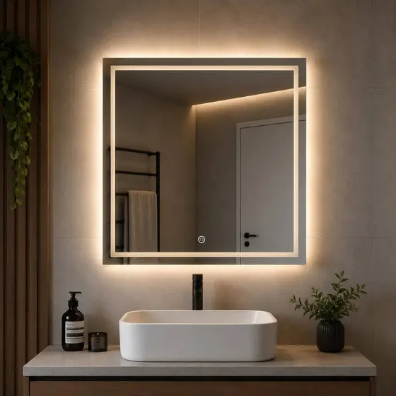 Espelho Grande  Com Led Jateado 90x90cm Para Quarto/ Penteadeira/ Maquiagem - Cores