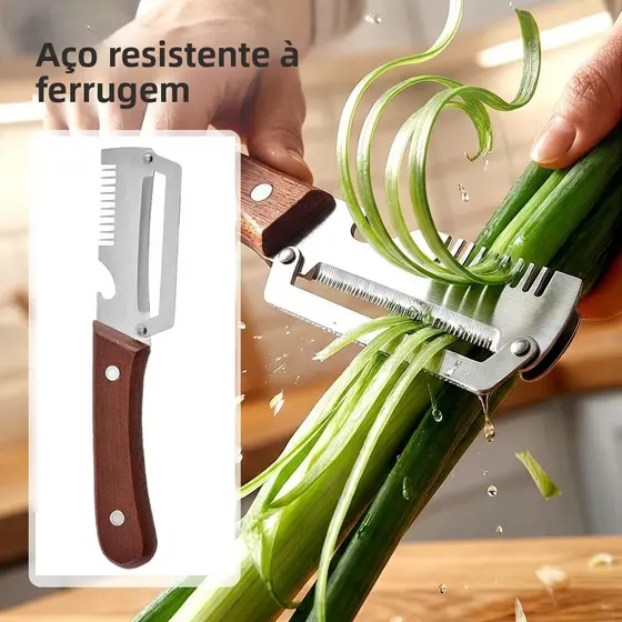Descascador de aço inoxidável 3 em 1 para cortar e descascar alça de abertura de garrafa de madeira de cozinha