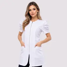 Jaleco Feminino Acinturado Zíper Manga Curta Em Oxford Lun