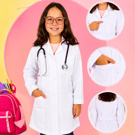Jaleco Avental Branco Infantil Feminino Acinturado Escolar Laboratório Manga Longa