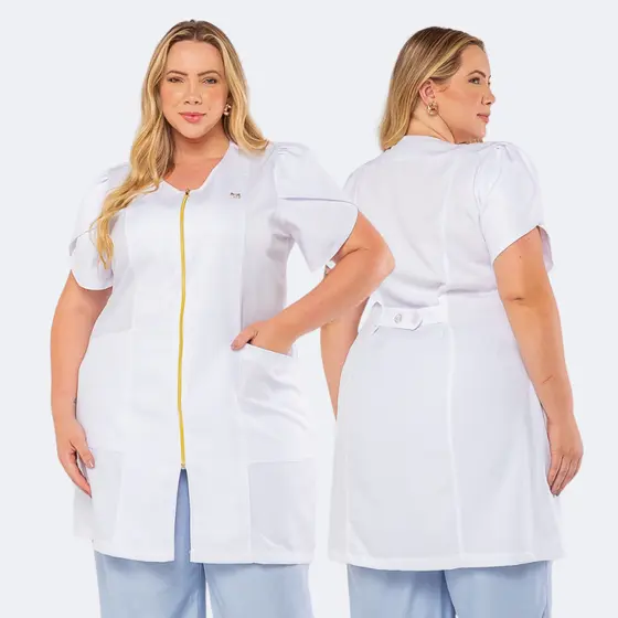 Jaleco Plus Size Feminino Gabardine Com Zíper Manga Curta Tulipa PIE
