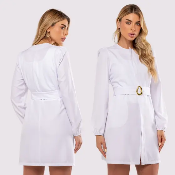 Jaleco Feminino Luxo e Com Cinto Manga Longa Bufante Gabardine Cat