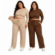 Kit 2 Calça Feminina Preta Pantalona Lisa Com Bolso Cintura Alta Tecido Canelado Confortável