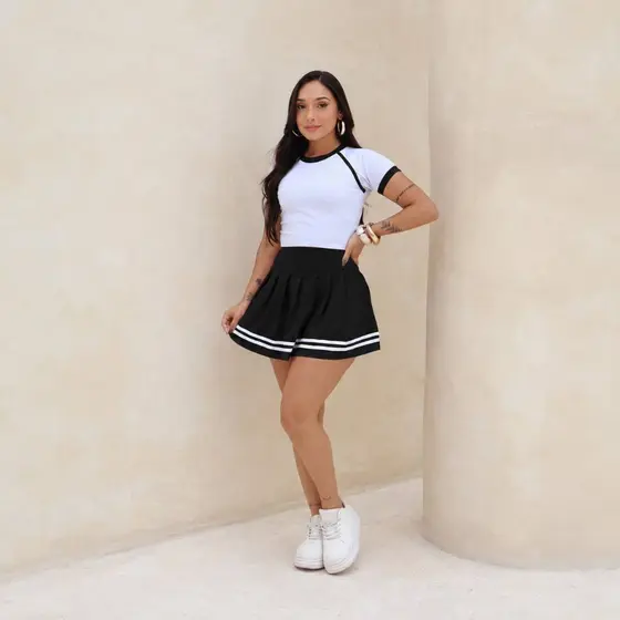 Conjunto Feminino Suplex Blusa e Short Saia com Listras Moda Blogueira Casual