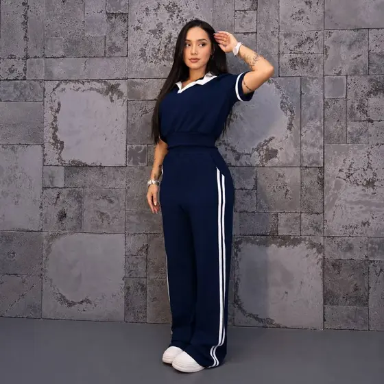 Conjunto Feminino Calça Pantalona e Blusa Polo Bicolor Manga Curta Moda Gringa