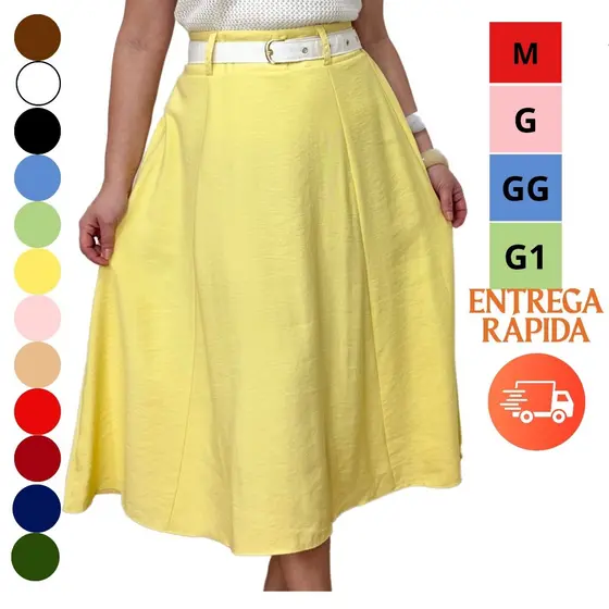 Saia Midi Evangélica Cintura Alta Com Bolso E Elástico Na Cintura Do P Ao G3 Plus Size